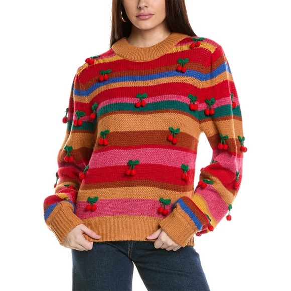 Farm Rio Colorful Stripe 3D Cherry Crochet Wool Blend Sweater NWT Small - Picture 4 of 16